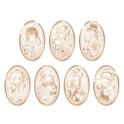 Genshin 5th Anniversary mirror badge collection featuring Venti Zhongli Raiden Shogun Nahida Furina Mavuika and Columbina