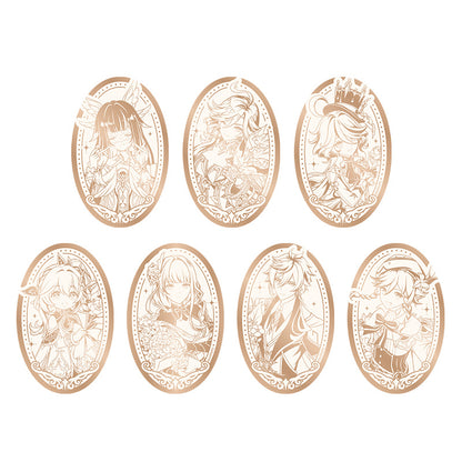 Genshin 5th Anniversary mirror badge collection featuring Venti Zhongli Raiden Shogun Nahida Furina Mavuika and Columbina