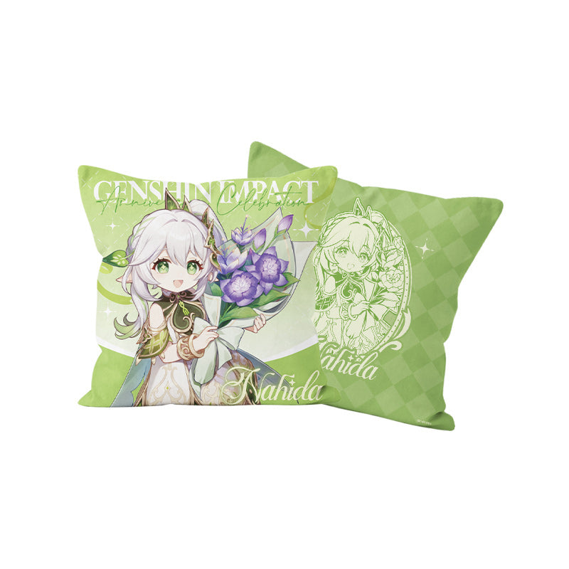 Genshin Nahida character pillow from the 5th Anniversary Celebration Series with green floral themed artwork