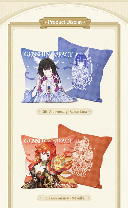 Front and back design details of Genshin Impact 5th Anniversary Celebration Series character pillows