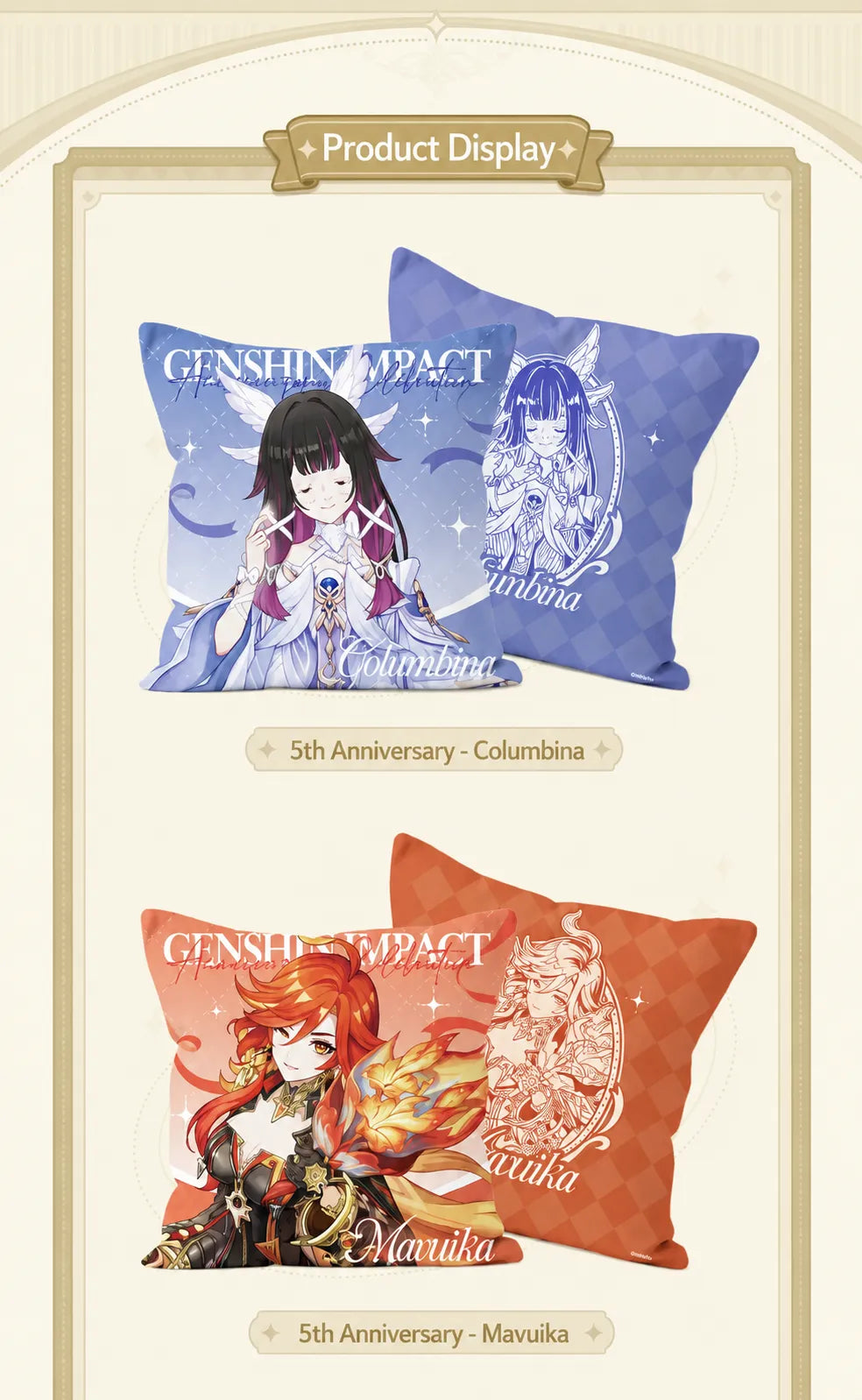Front and back design details of Genshin Impact 5th Anniversary Celebration Series character pillows