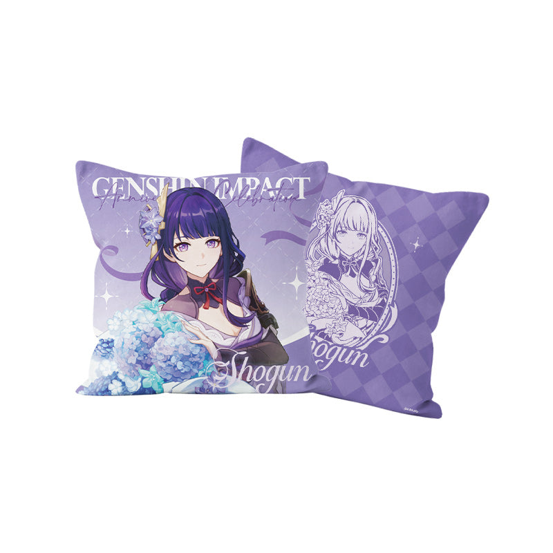 Genshin Raiden Shogun character pillow from the 5th Anniversary Celebration Series with purple anniversary artwork