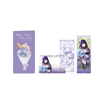 Genshin 5th Anniversary Raiden Shogun commemorative ticket card set with elegant anniversary themed design