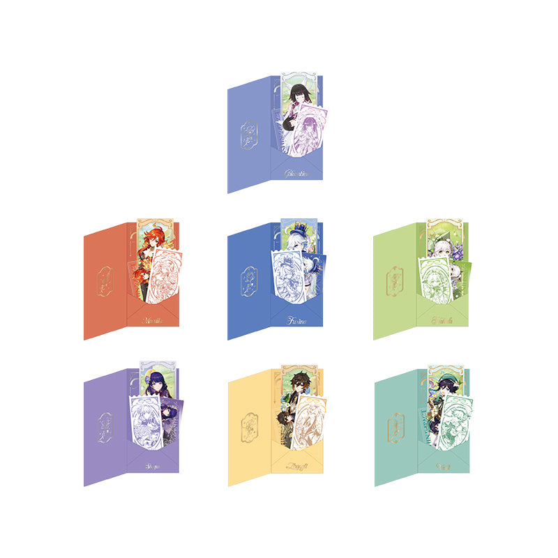 Genshin 5th Anniversary commemorative ticket card set collection featuring Venti Zhongli Raiden Shogun Nahida Furina Mavuika and Columbina