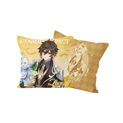 Genshin Zhongli character pillow from the 5th Anniversary Celebration Series with elegant gold themed design