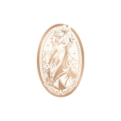Genshin Impact 5th Anniversary Zhongli mirror badge featuring refined commemorative portrait artwork