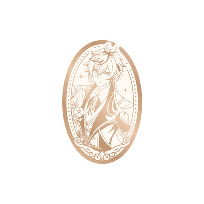 Genshin Impact 5th Anniversary Zhongli mirror badge featuring refined commemorative portrait artwork