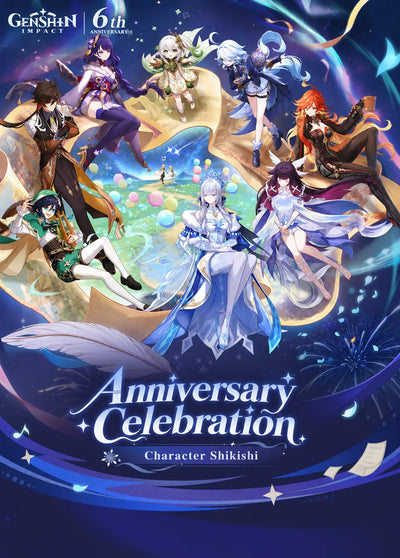 Genshin Impact 6th Anniversary Celebration artwork featuring Venti, Zhongli, Raiden Shogun, Nahida, Furina, Mavuika, Columbina and Anastasya