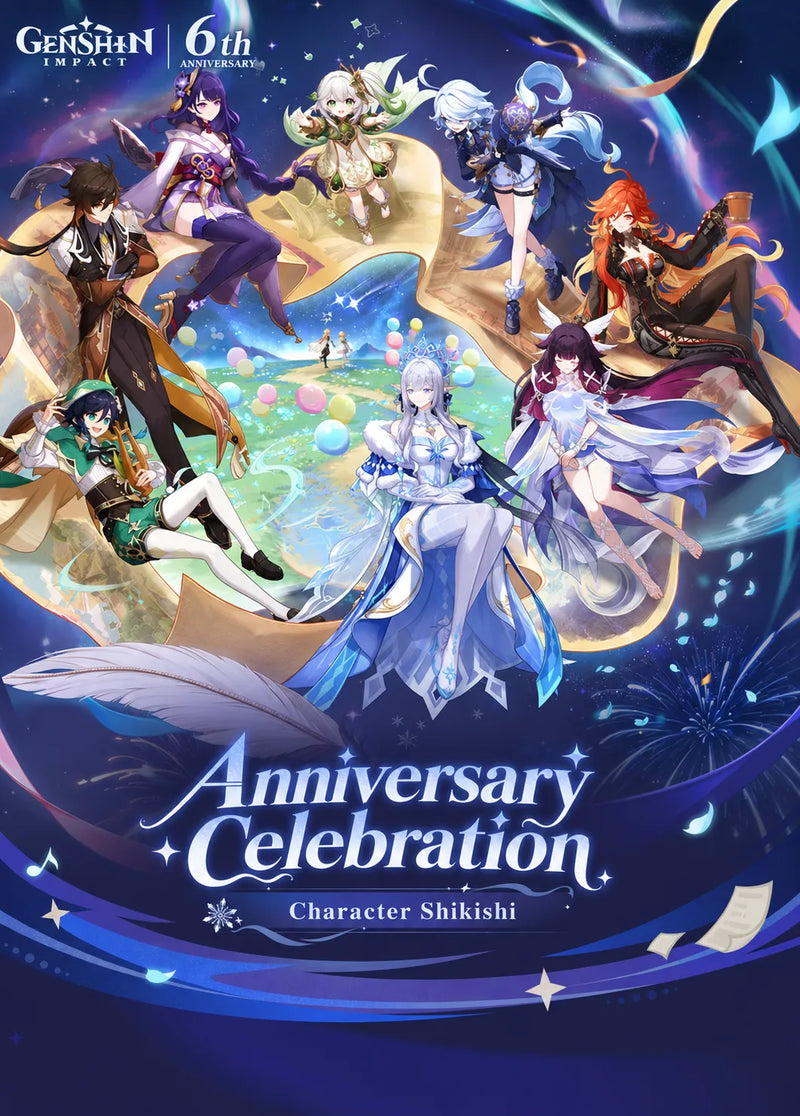 Genshin Impact 6th Anniversary Celebration artwork featuring Venti, Zhongli, Raiden Shogun, Nahida, Furina, Mavuika, Columbina and Anastasya