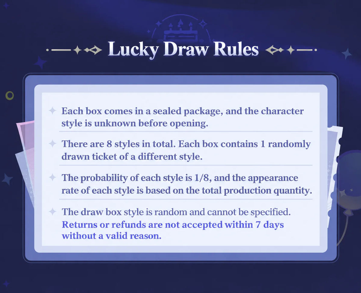 Lucky Draw Box rules for 8 randomly selected character pull-tab ticket designs