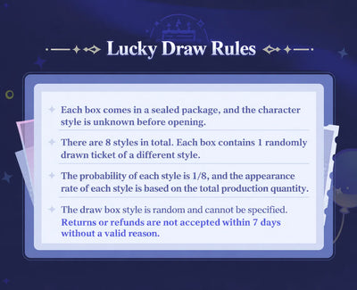 Lucky Draw Box rules for 8 randomly selected character pull-tab ticket designs