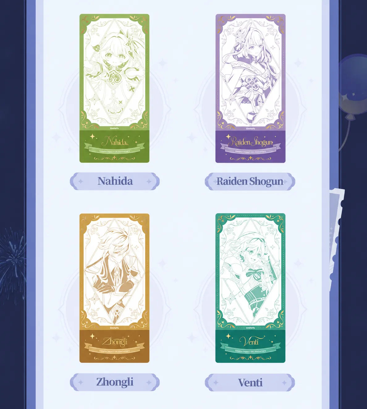 Lucky Draw pull-tab tickets featuring Nahida, Raiden Shogun, Zhongli and Venti
