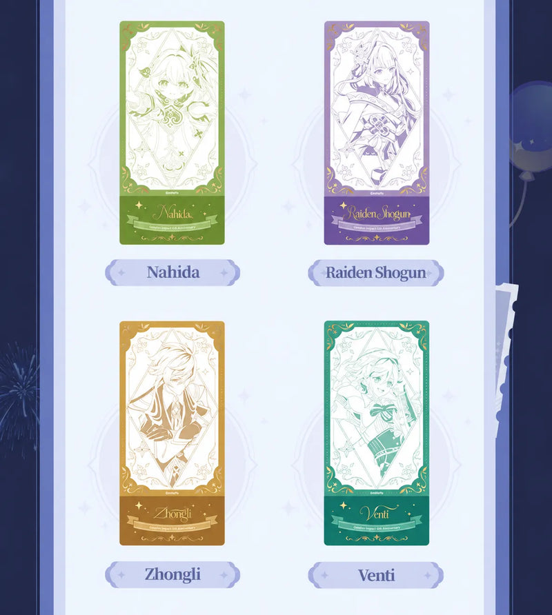 Lucky Draw pull-tab tickets featuring Nahida, Raiden Shogun, Zhongli and Venti