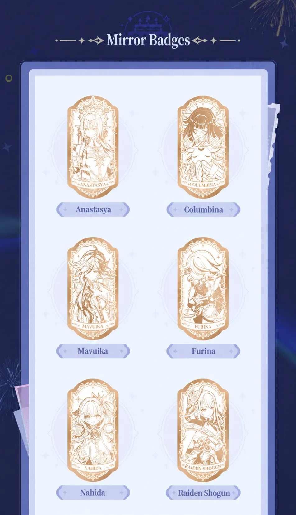 Anniversary Celebration mirror badges featuring Anastasya, Columbina, Mavuika, Furina, Nahida and Raiden Shogun