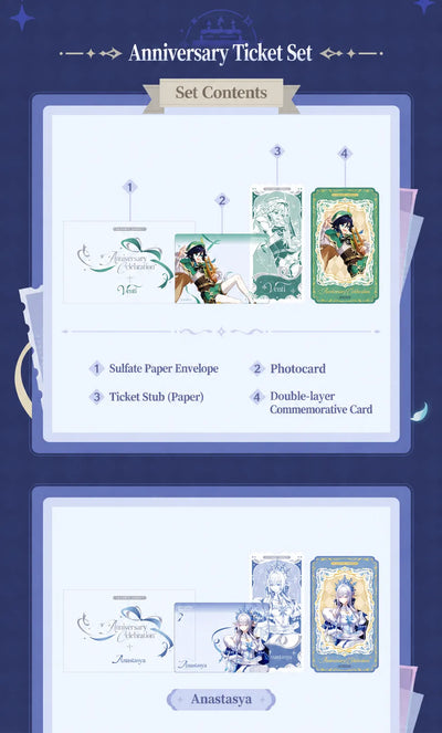 Anniversary Celebration commemorative ticket set contents featuring Venti and Anastasya