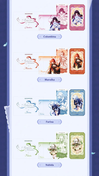 Anniversary Celebration commemorative ticket sets featuring Columbina, Mavuika, Furina and Nahida
