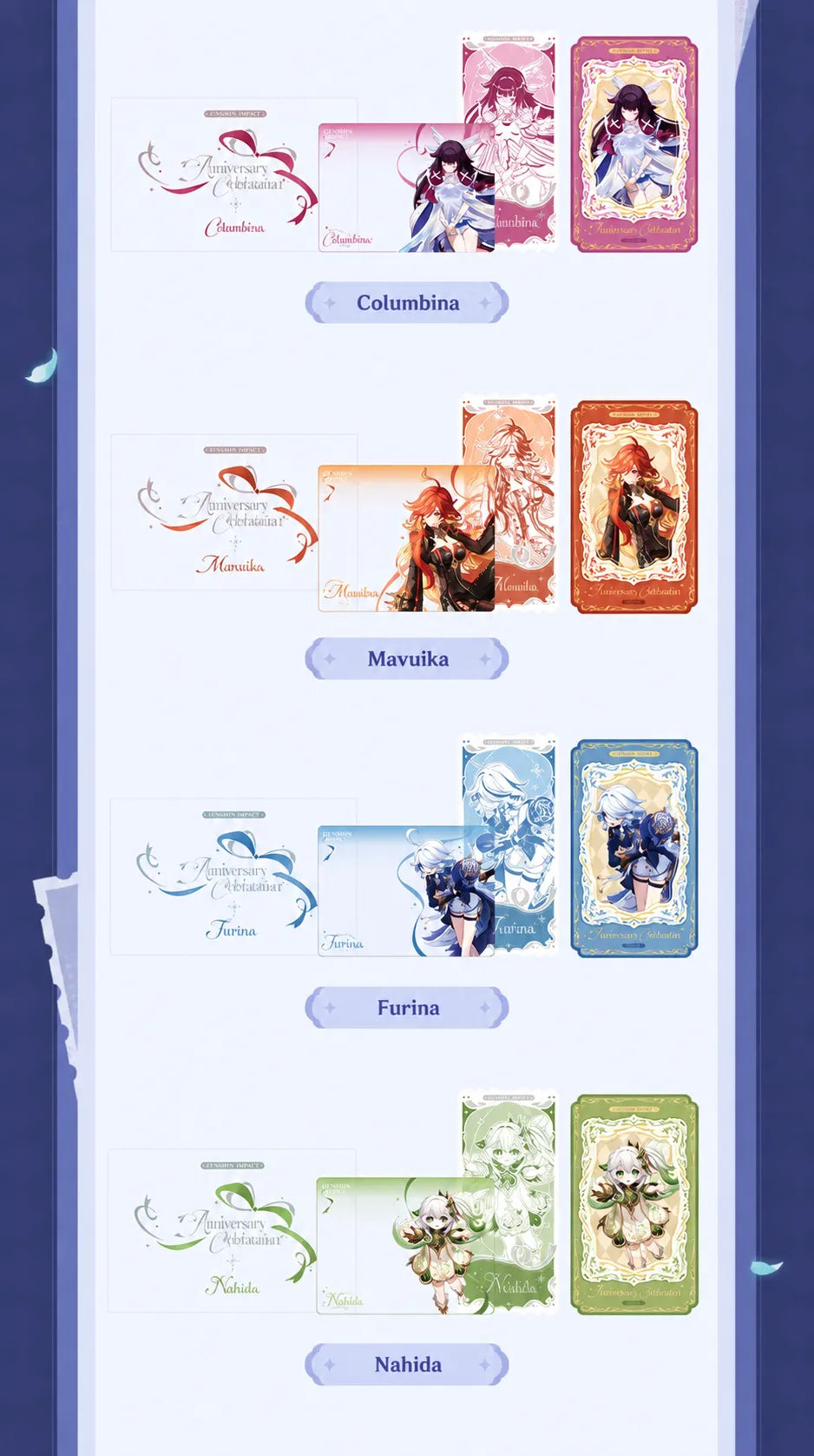 Anniversary Celebration commemorative ticket sets featuring Columbina, Mavuika, Furina and Nahida