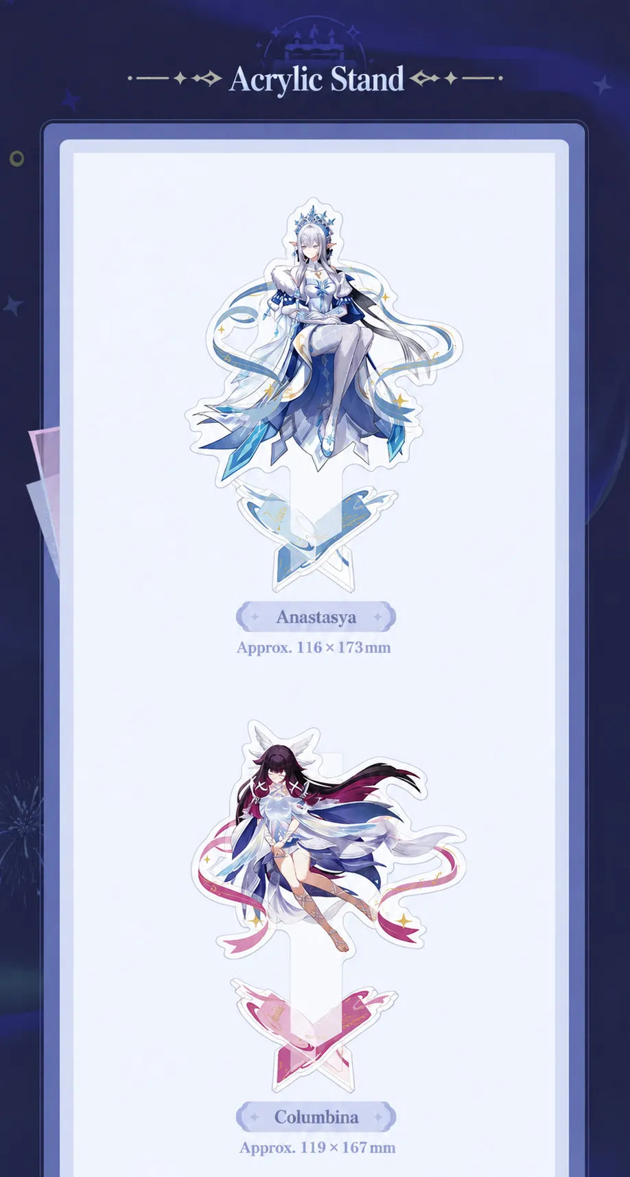 Anniversary Celebration acrylic stands featuring Anastasya and Columbina