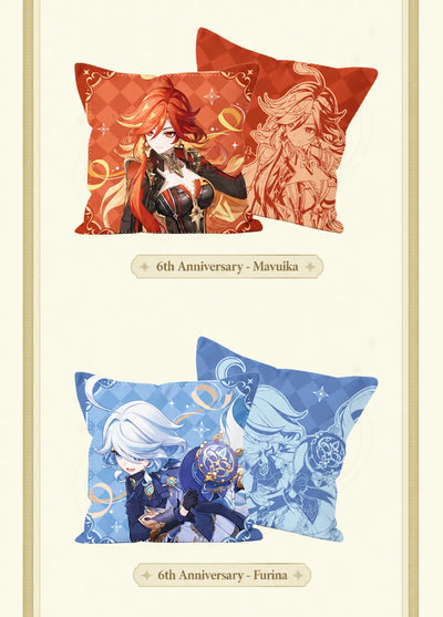 Genshin Impact 6th Anniversary character pillow featuring Mavuika and Furina