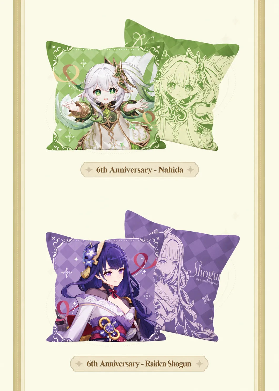Genshin Impact 6th Anniversary character pillow featuring Nahida and Raiden Shogun