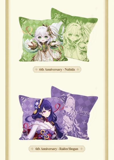 Genshin Impact 6th Anniversary character pillow featuring Nahida and Raiden Shogun
