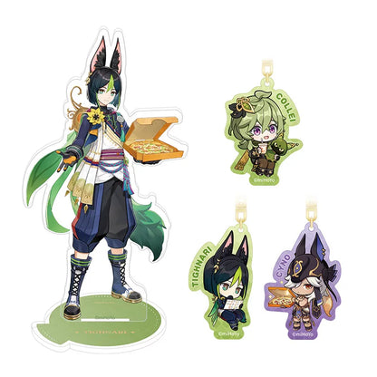 Genshin A Journey of Flavors Series merchandise featuring Tighnari Cyno and Collei acrylic stands and keychains with café themed designs
