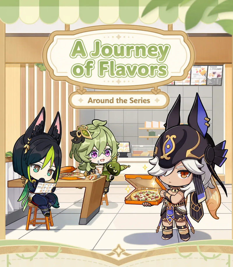 Genshin Impact A Journey of Flavors Series merchandise overview featuring acrylic stands and keychains of Tighnari Cyno and Collei