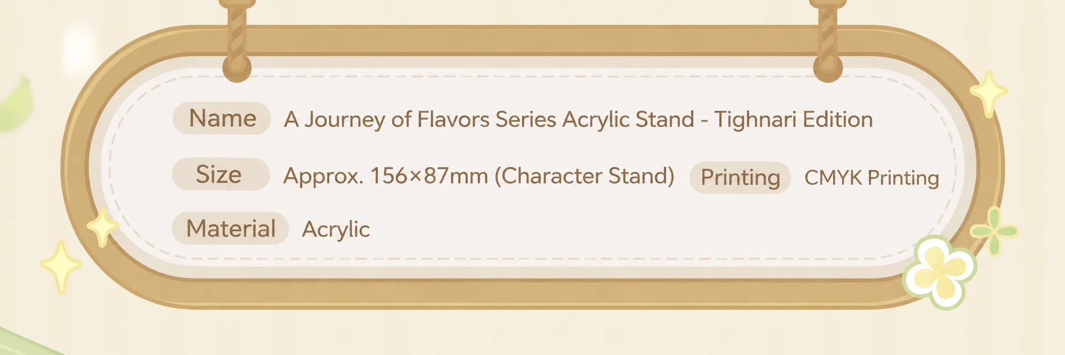 Genshin Impact A Journey of Flavors Series product details showing acrylic material sizes and CMYK printing information