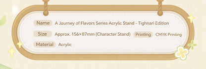 Genshin Impact A Journey of Flavors Series product details showing acrylic material sizes and CMYK printing information