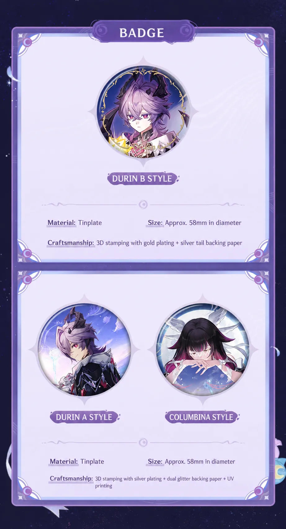 Columbina and Durin badges from Genshin Impact A Nocturne of the Far North Series