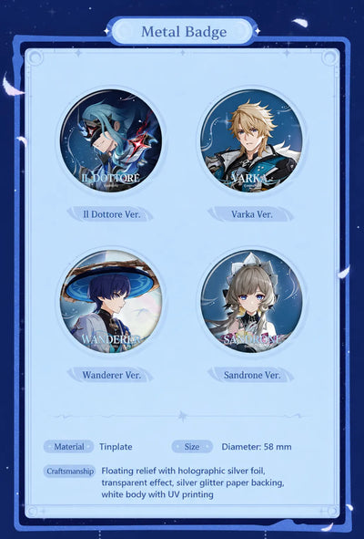 A Traveler on a Winter's Night Series character badges featuring Il Dottore, Varka, Wanderer and Sandrone