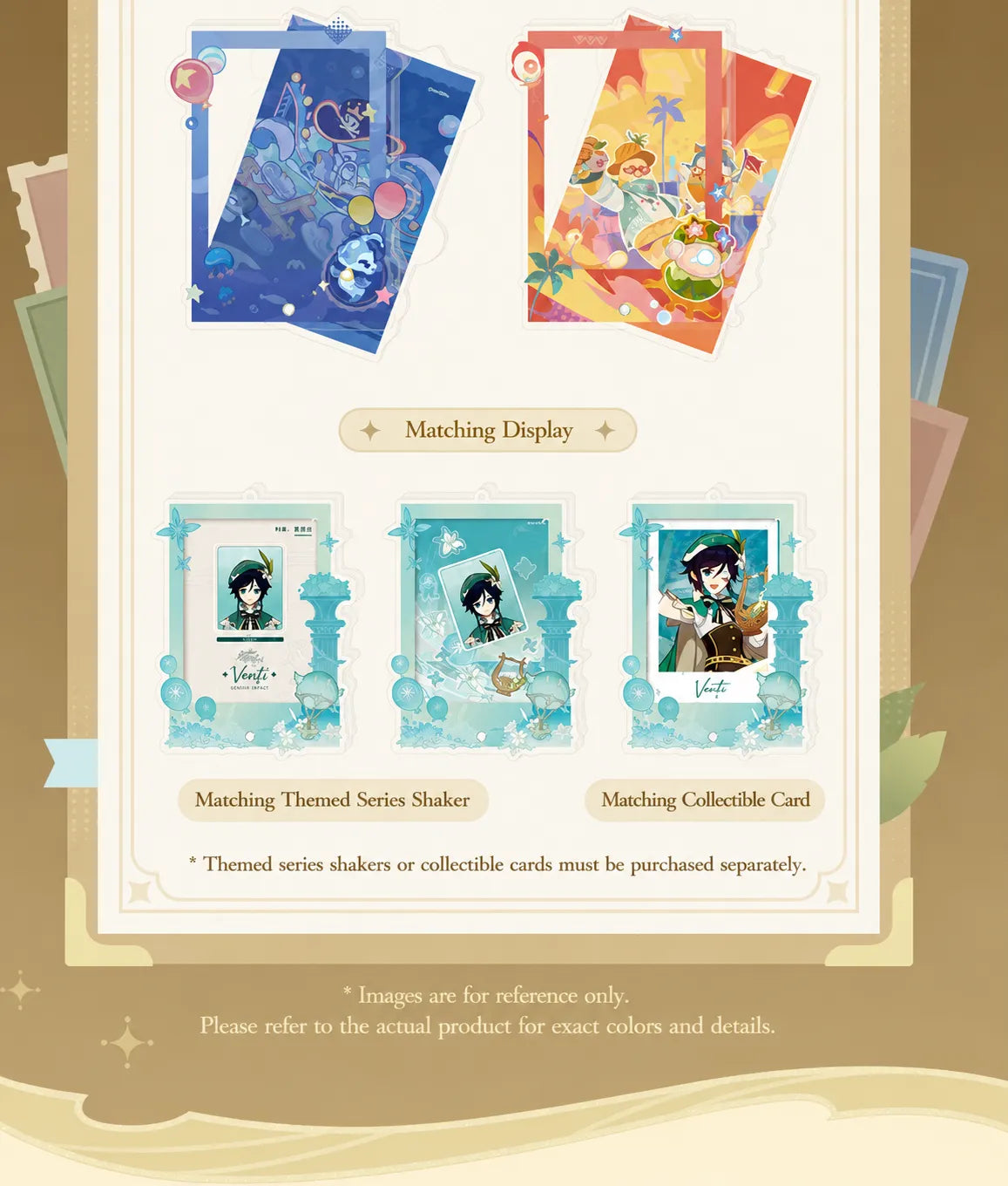 Genshin Impact Acrylic Display Frame shown with matching themed collectible card and shaker accessories