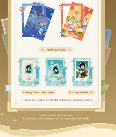 Genshin Impact Acrylic Display Frame shown with matching themed collectible card and shaker accessories