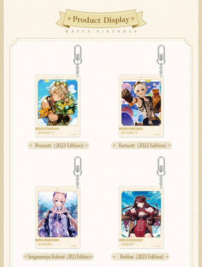 Genshin acrylic keychain birthday theme design with gold foil details and character artwork