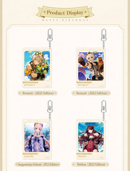 Genshin acrylic keychain birthday theme design with gold foil details and character artwork