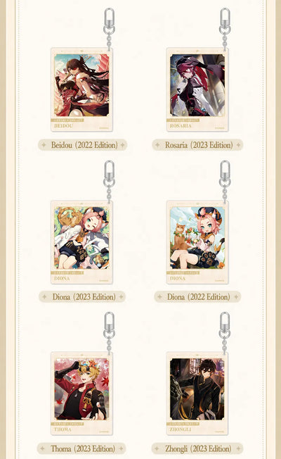 Genshin acrylic keychain character selection including Kazuha Ayaka Zhongli Ganyu and more
