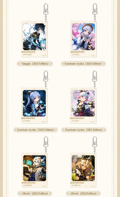 Genshin acrylic keychain collection display with multiple characters arranged together