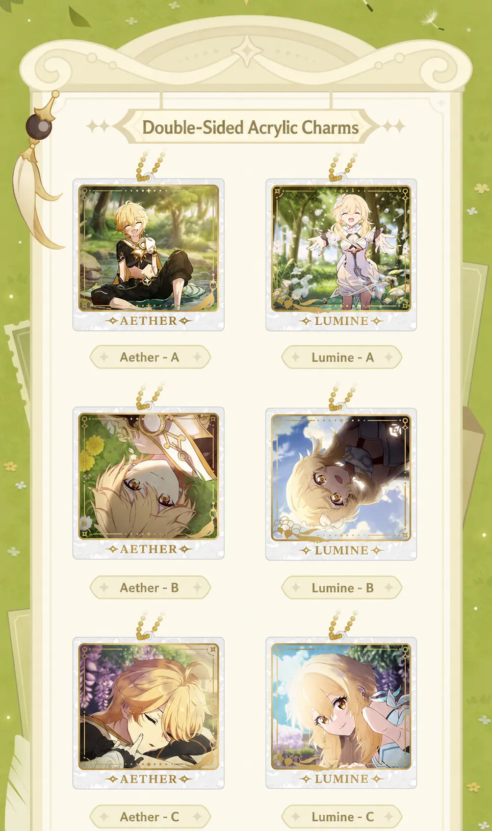Genshin Impact Aether and Lumine acrylic charm designs with soft nature-themed illustrations