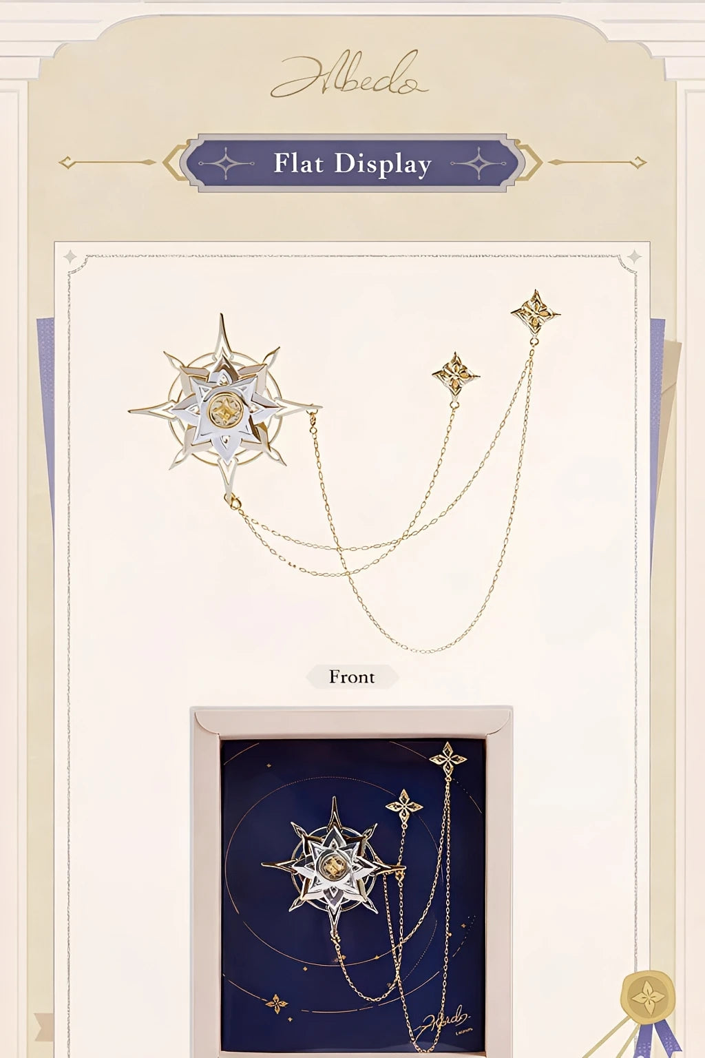 Flat display of Genshin Impact Albedo Theme Impression brooch with packaging presentation and celestial background design