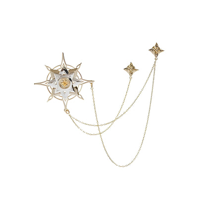 Close-up of Albedo celestial emblem centerpiece from Genshin Impact Theme Impression brooch with rhinestone detailing and metallic finish