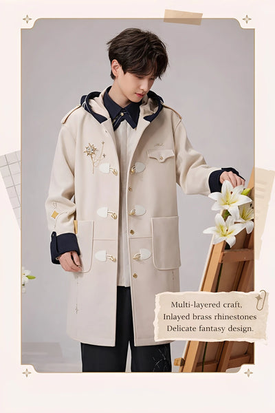 Model showcase of Genshin Impact Albedo Theme Impression brooch styled on beige coat with layered chains and celestial emblem design