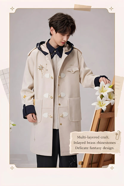 Model showcase of Genshin Impact Albedo Theme Impression brooch styled on beige coat with layered chains and celestial emblem design