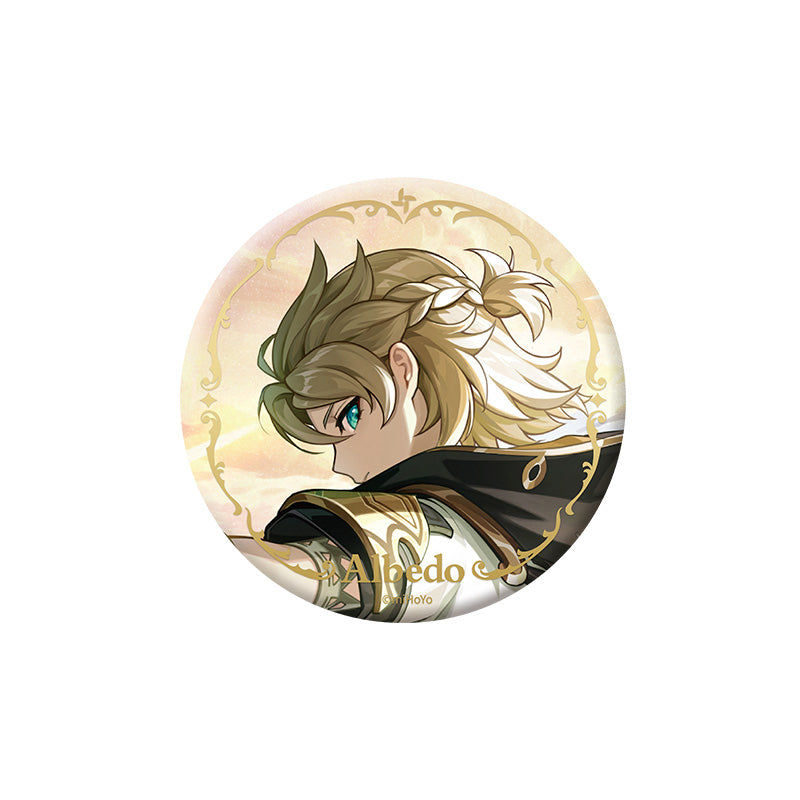 Genshin Impact Albedo character badge with holographic finish and themed artwork