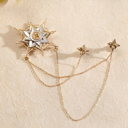 Genshin Impact Albedo Theme Impression brooch featuring layered brass design with celestial star motif and flowing gold chains, full product view