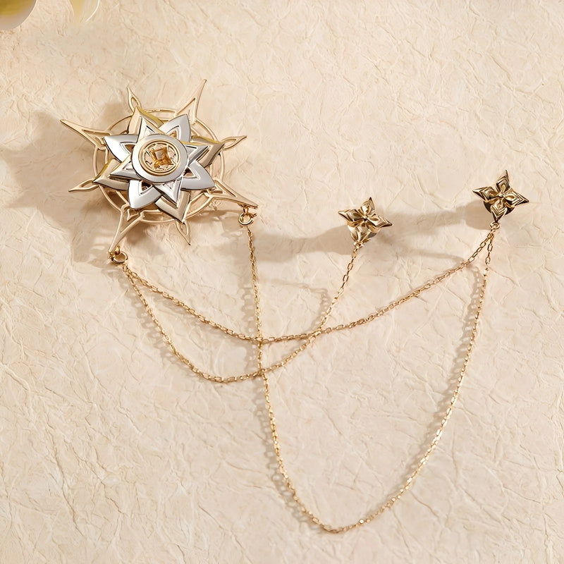 Genshin Impact Albedo Theme Impression brooch featuring layered brass design with celestial star motif and flowing gold chains, full product view