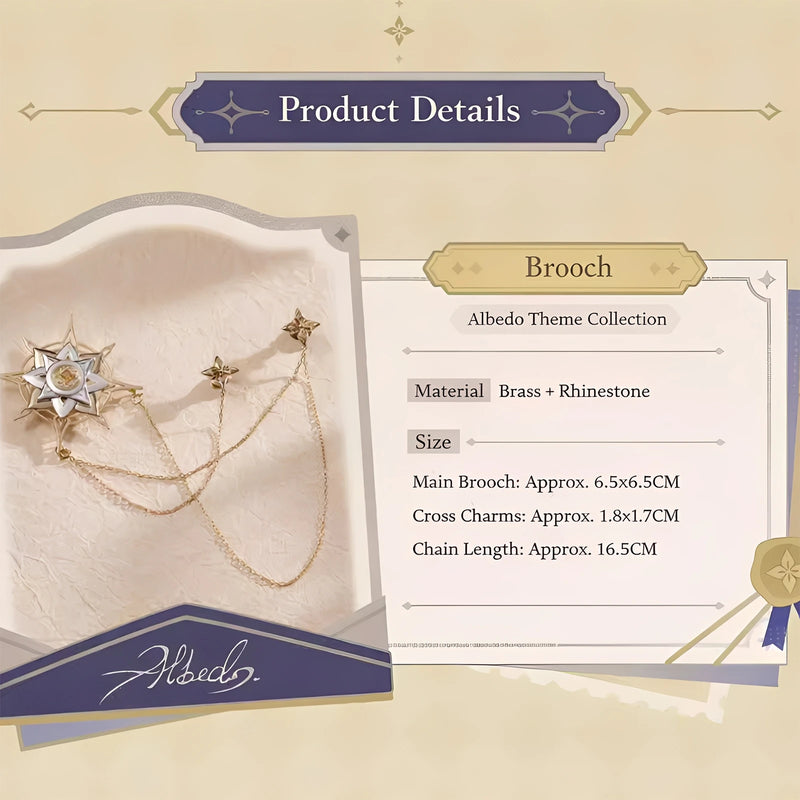 Product details of Genshin Impact Albedo Theme Impression brooch showing material information, size specifications, brass structure and rhinestone design