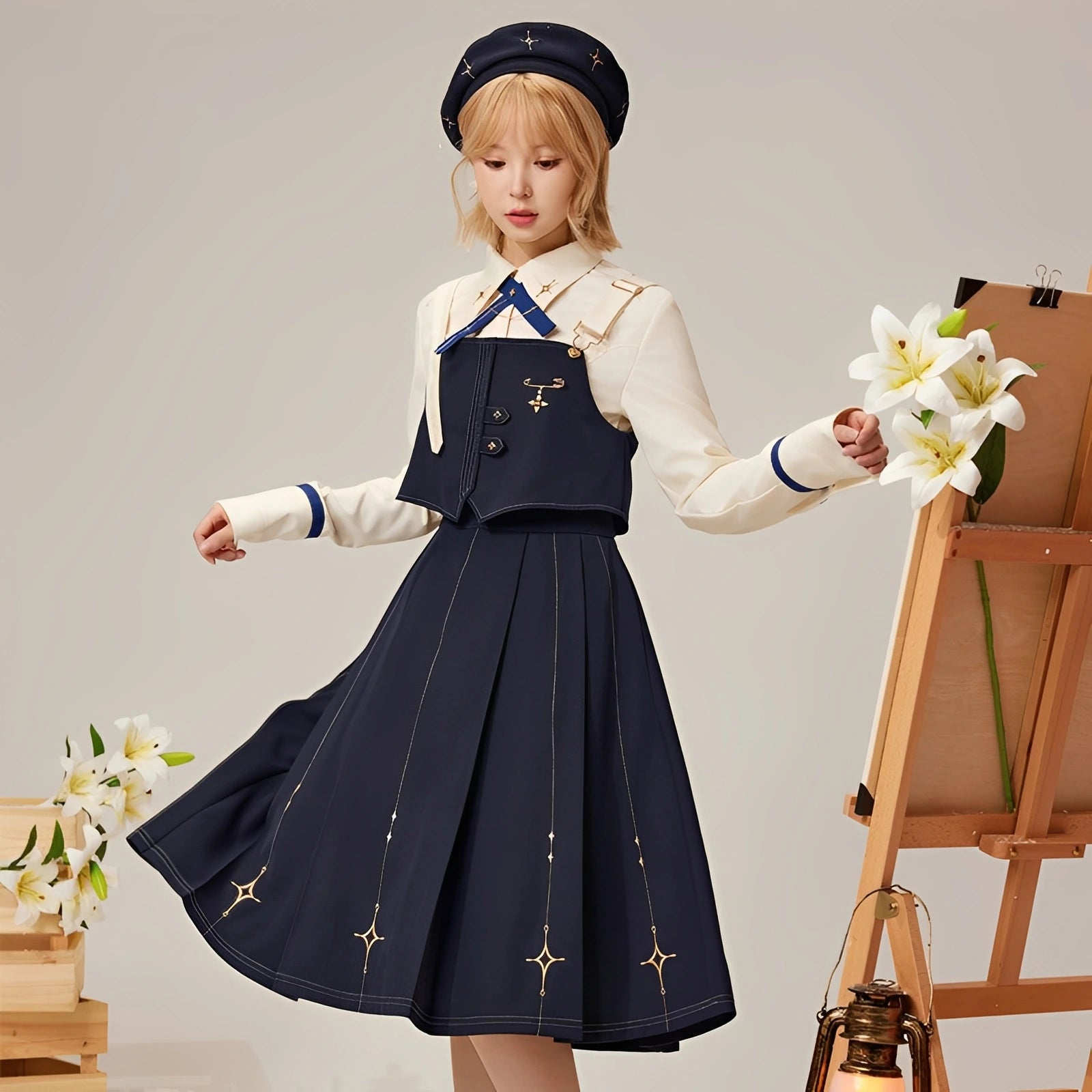 Full look of the Genshin Impact Albedo waist-fitted shirt styled with navy skirt and beret