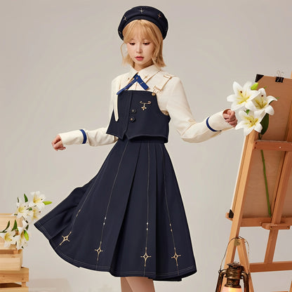 Full look of the Genshin Impact Albedo waist-fitted shirt styled with navy skirt and beret
