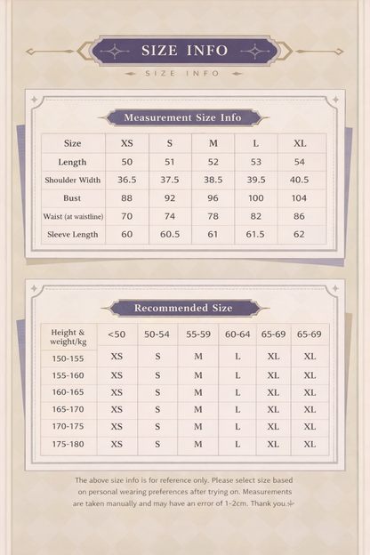 Size chart for Albedo waist-fitted shirt including measurements and recommended size guide