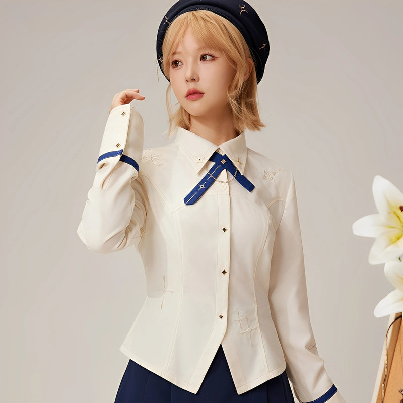 Upper body detail of Albedo-themed waist-fitted shirt featuring embroidered shoulders and layered collar design